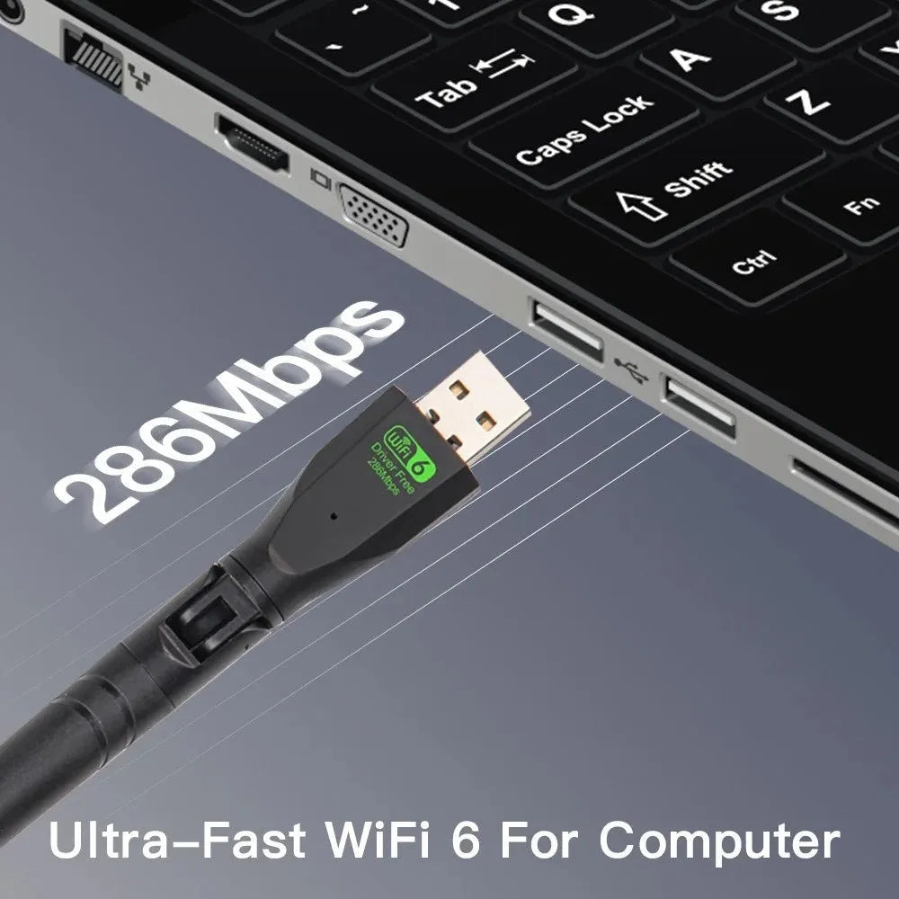 Black USB WiFi6 wireless network card adapter with instruction manual