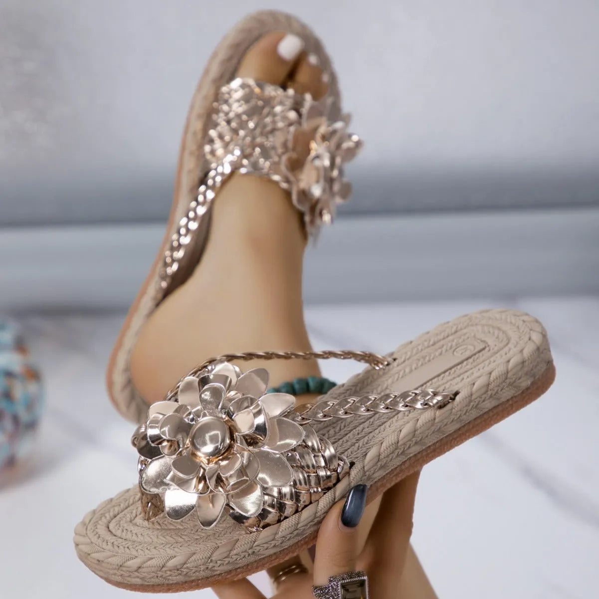 Plus size women's platform sandals with floral accents, rubber sole, PU upper, available in multiple colours