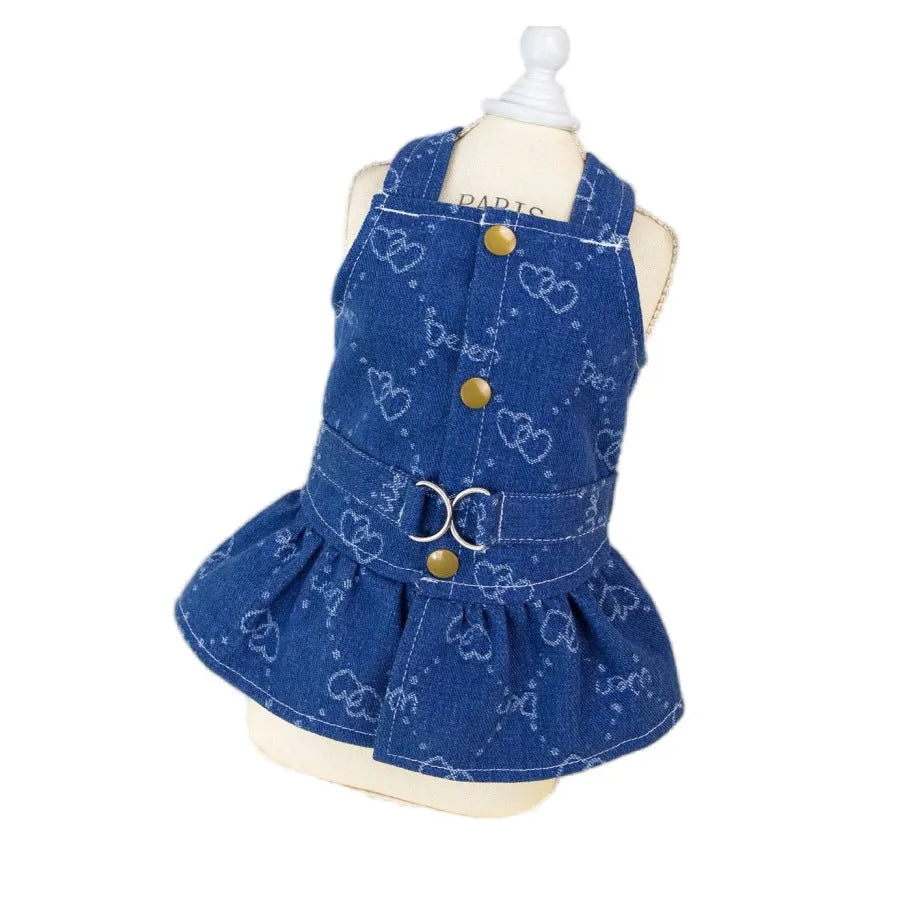 Denim princess dress for small dogs with bracket skirt design in spring/autumn transitional clothing
