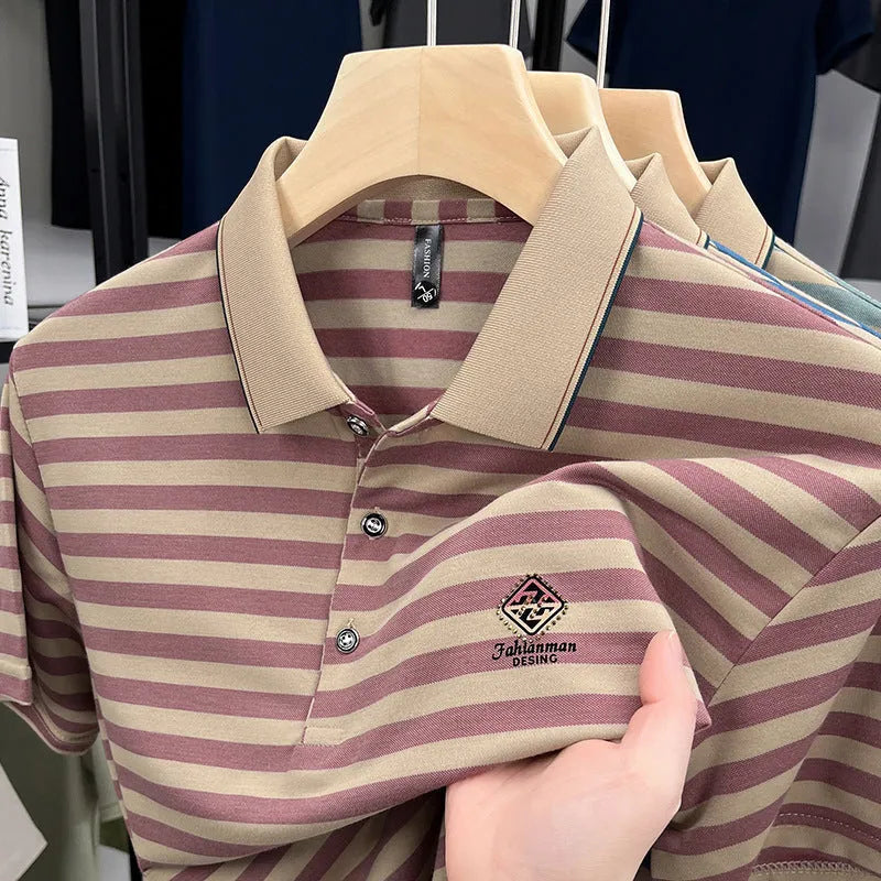 Men's striped casual t-shirt with mosaic pattern in polyester fabric showing colour options