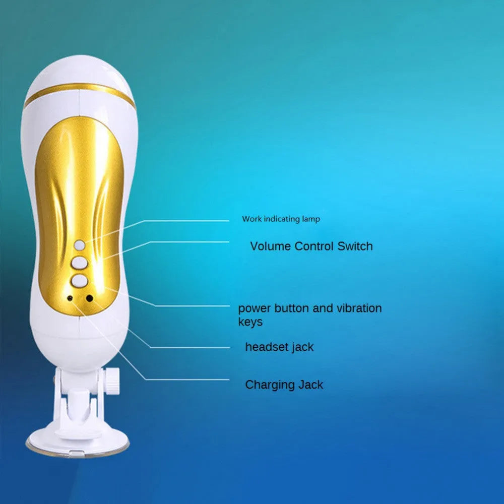 White electric silicone hands free male masturbator with USB rechargeable voice function