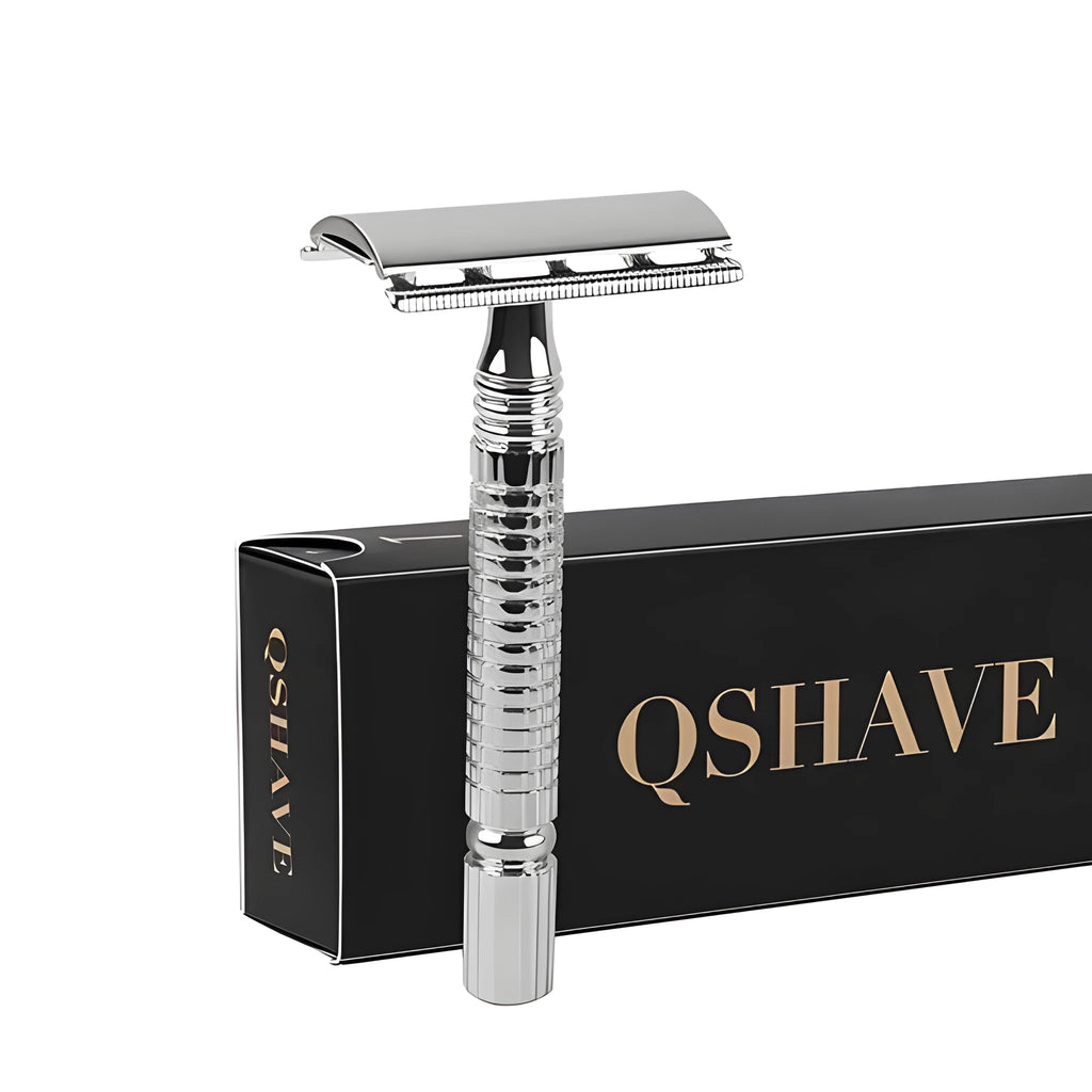 Chrome double edged safety razor with butterfly opening mechanism and storage box