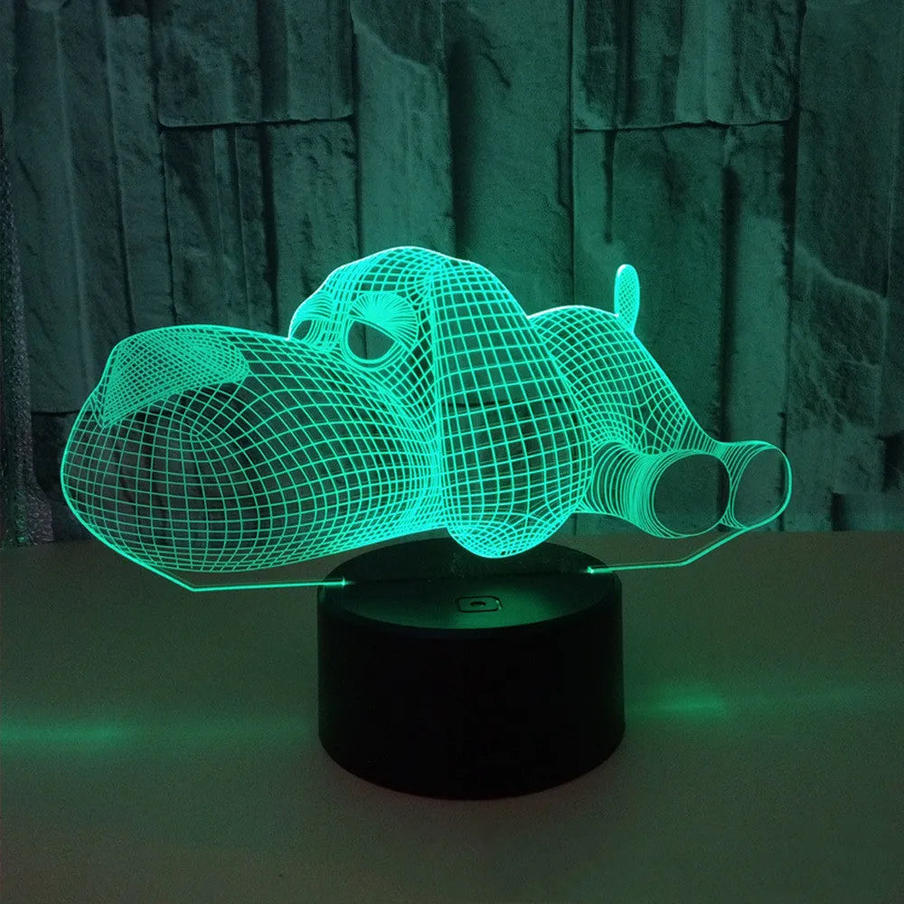 Doggo 3D illusion desktop lamp glowing in blue colour with touch button control.