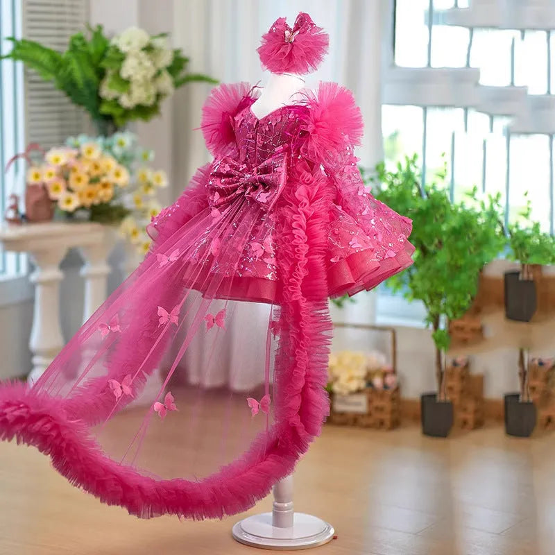 Rose red butterfly sequined long sleeve princess dress for girls suitable height 80-160cm with trailing skirt option