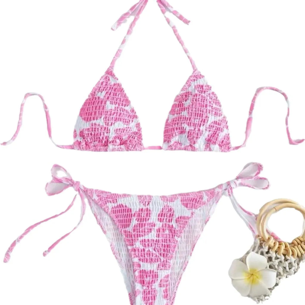 Women's halter bikini set with floral pattern briefs in multiple colour options