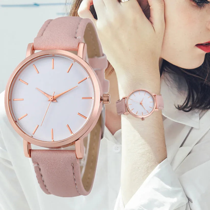 Square-faced quartz watch with PU leather strap on a wrist, showing the 35.5mm case.