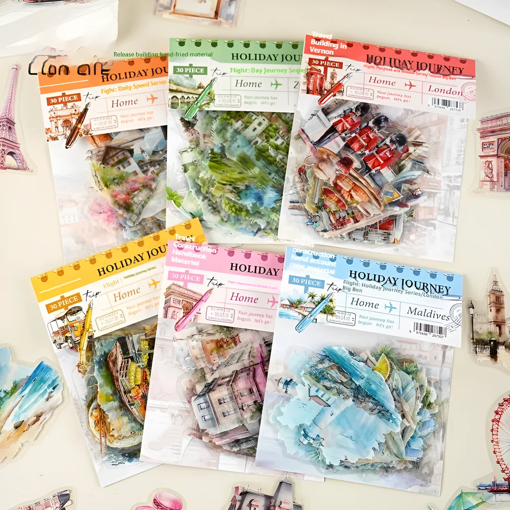 Holiday Journey Series retro architecture journal stickers showing seven global landmark designs.