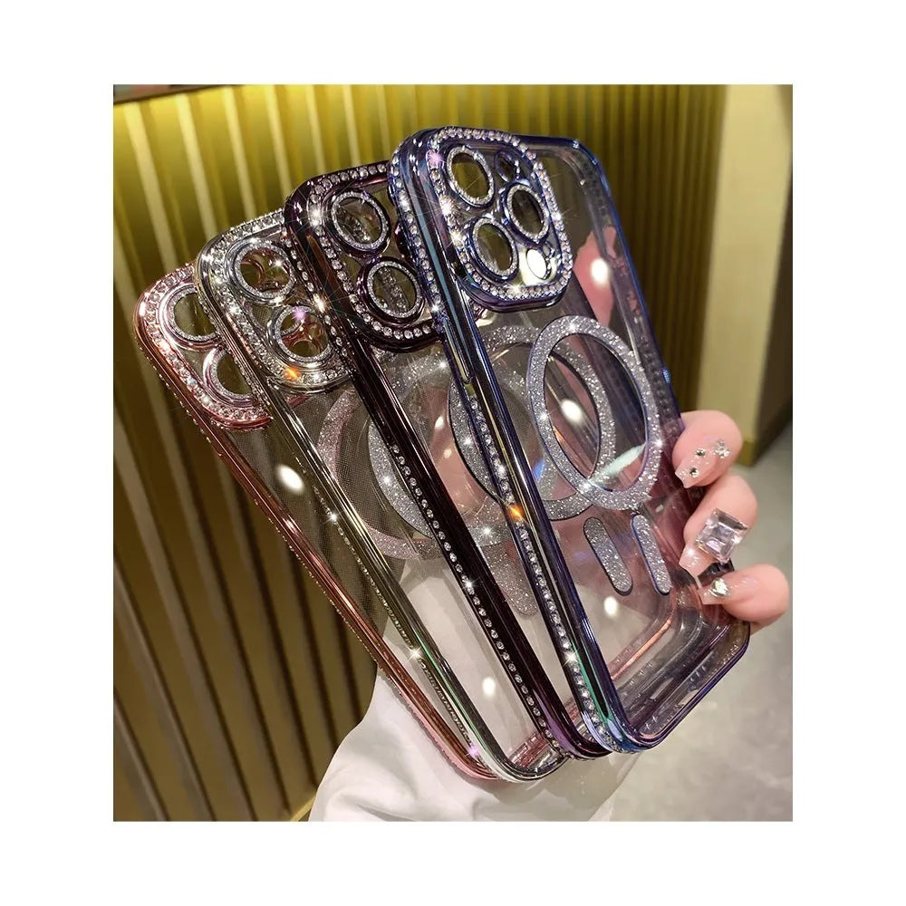 Wireless magnetic phone case in rose gold with soft silicone edge and electroplated back for iPhone.
