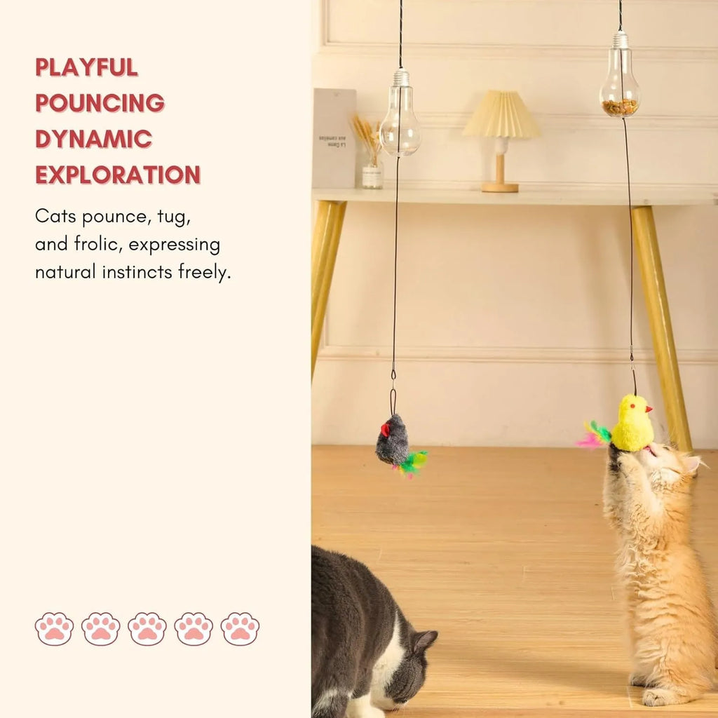 Grey and yellow interactive cat toy with swinging mouse, sound response, and treat dispenser on retractable cord