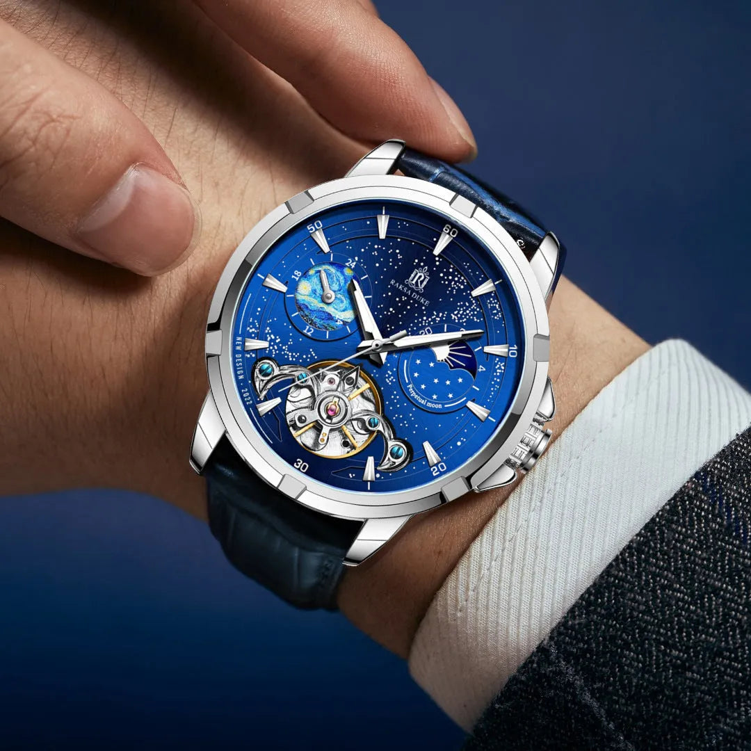 Automatic men's mechanical watch with blue dial, luminous hands and stainless steel case