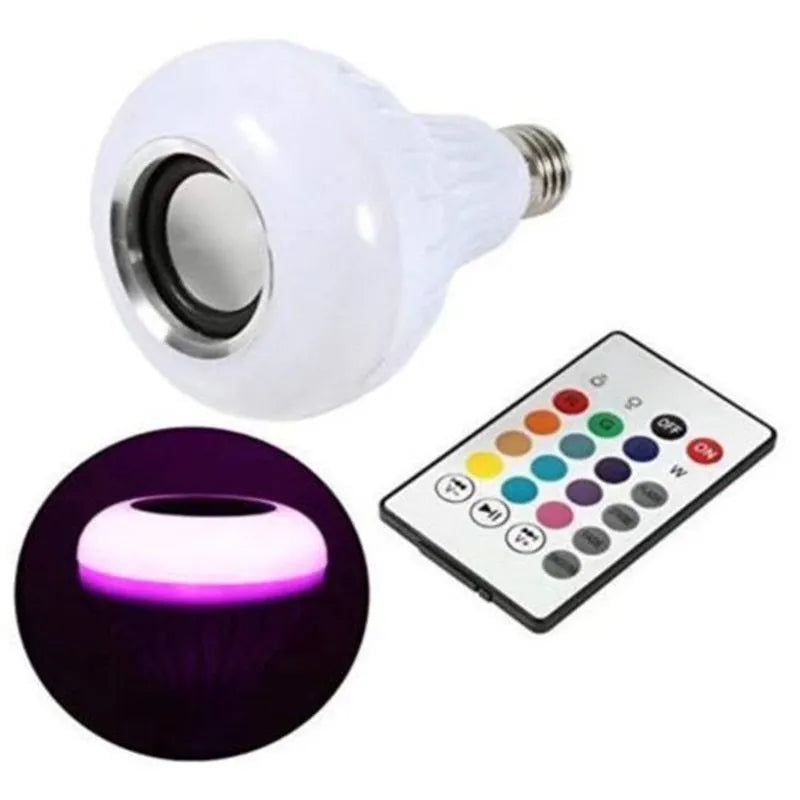 White Bluetooth speaker smart LED bulb with E27 base and remote control.