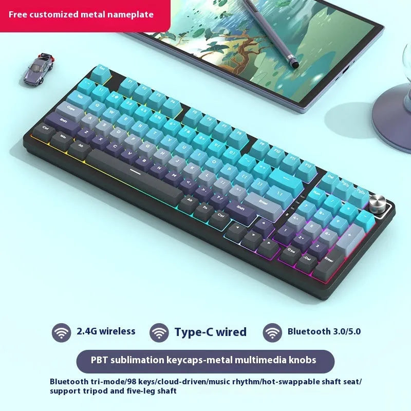 98 key wireless Bluetooth mechanical keyboard kit with metal knob and multiple colour options