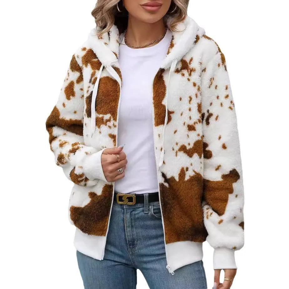 Yellow brown cow animal print hooded cardigan jacket with zip front and regular sleeves.