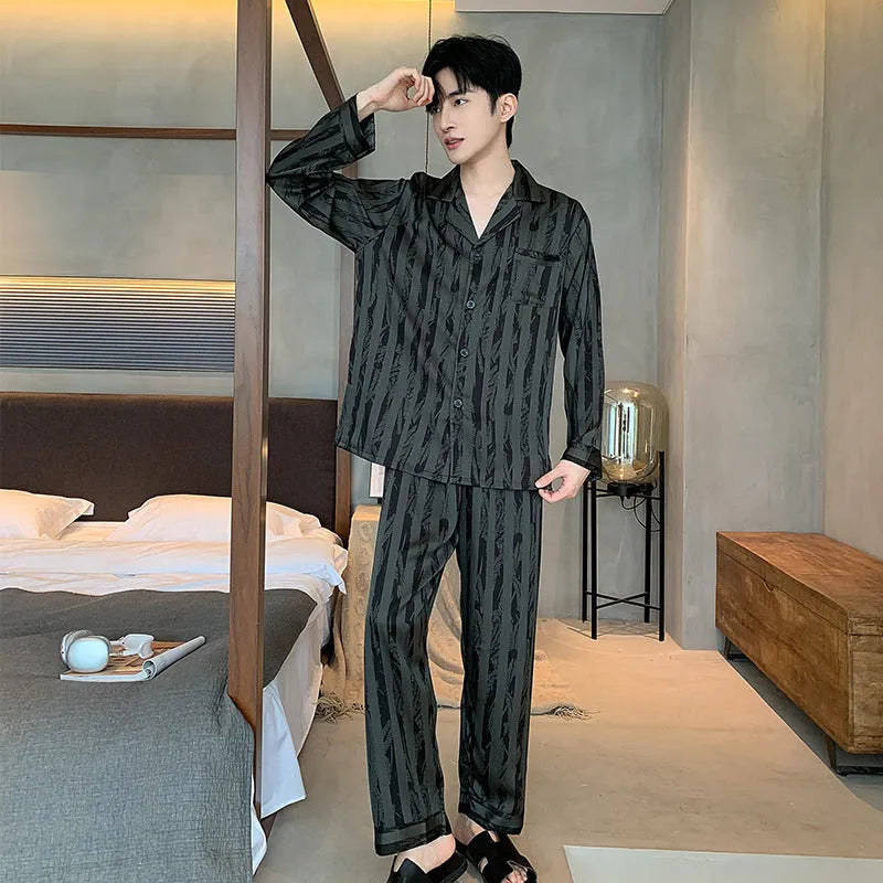 Men's black stripes ice silk pyjama set with V-neck top and long trousers