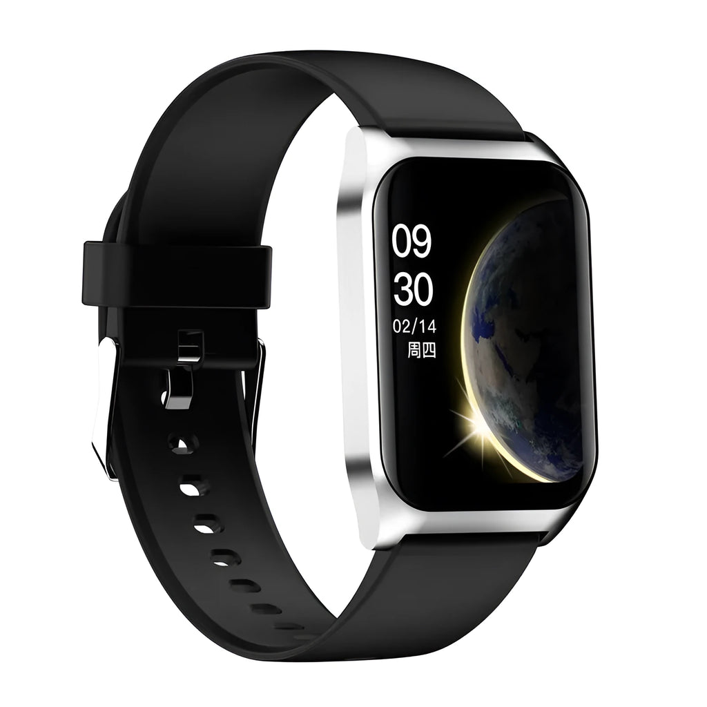 Black smart watch with 1.69-inch touchscreen display showing heart rate monitoring interface
