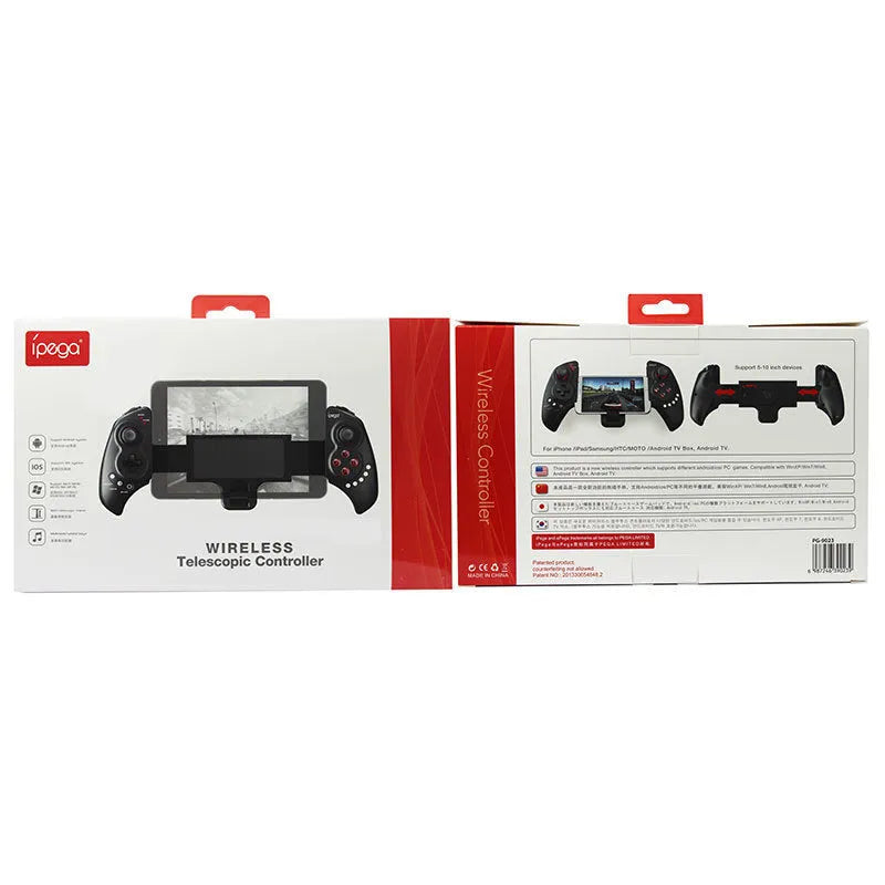 Wireless telescopic gamepad controller extended with mobile phone showing Apple iOS and Android compatibility