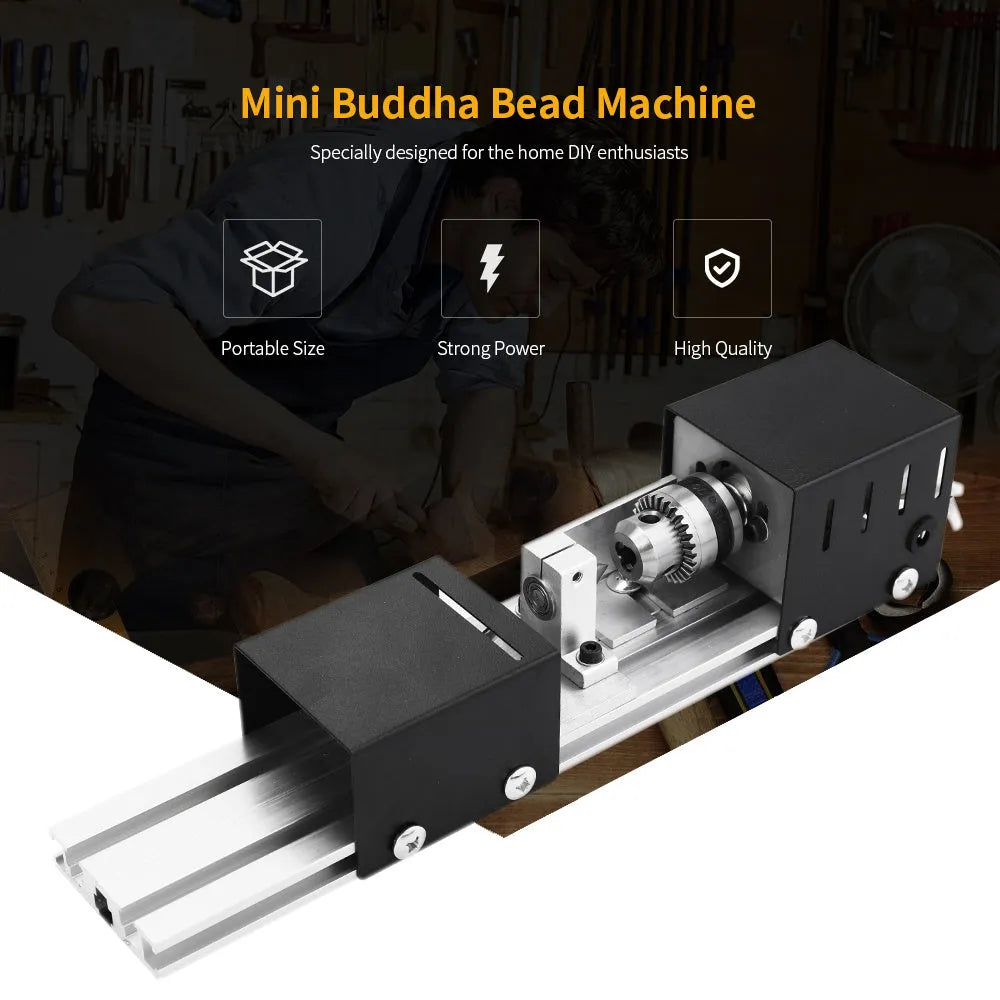 Silver metal mini manual woodworking lathe on a bench with carving knives and accessories.