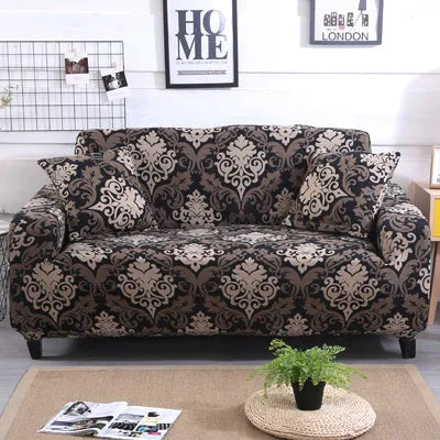 Geometric pattern stretch sofa slipcover fitted on a double seat sofa