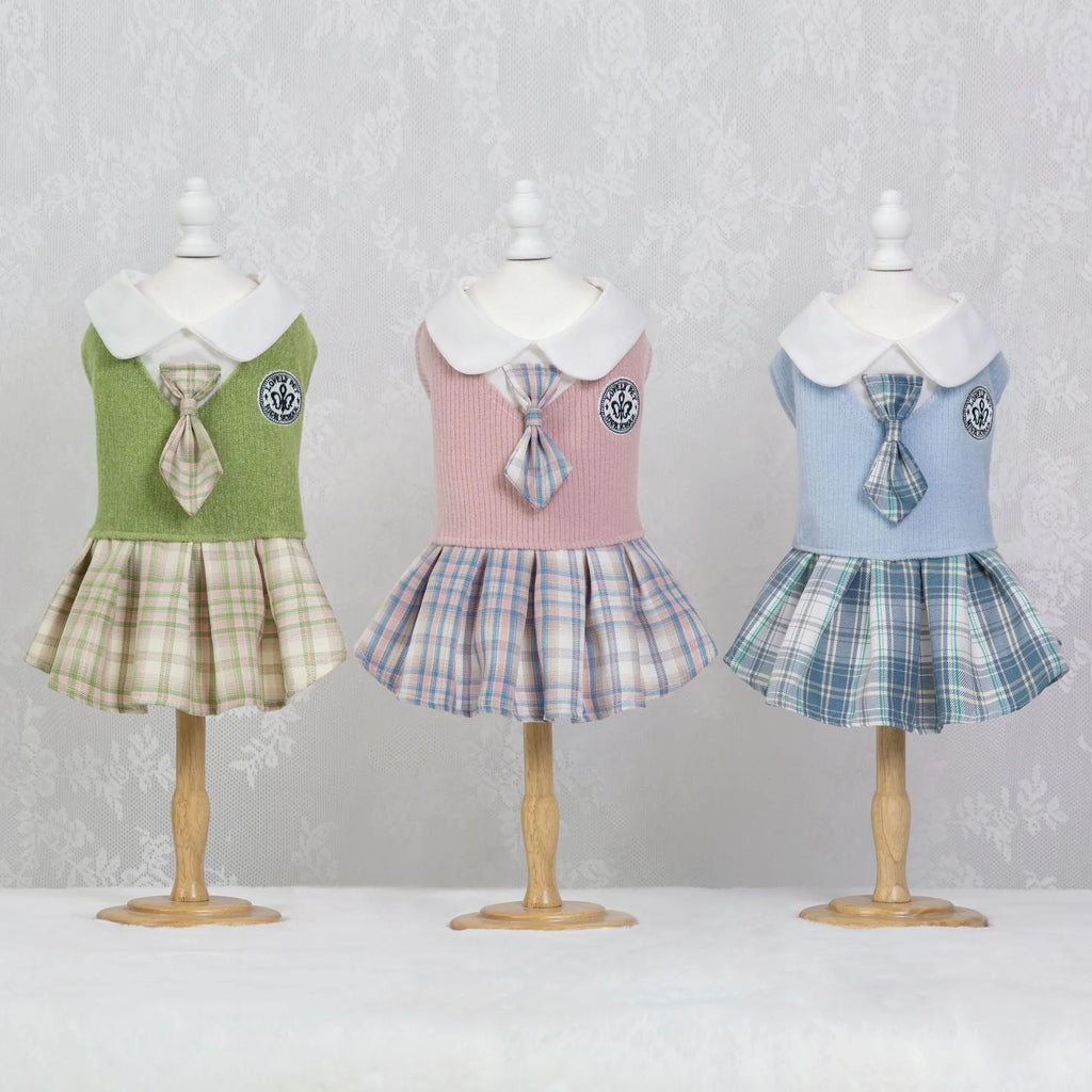 Blue tartan plaid skirt for a small dog standing on grass.