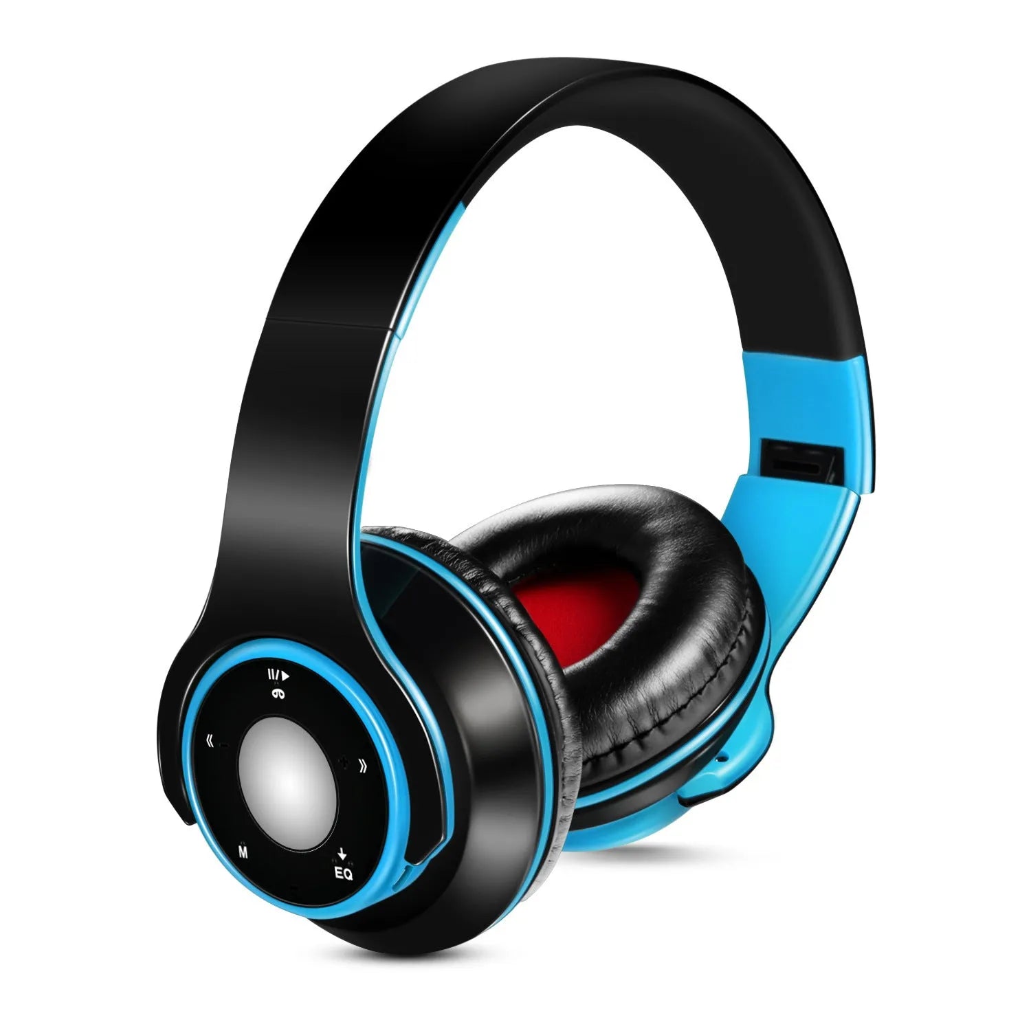 Foldable wireless Bluetooth headset in blue colour showing adjustable hinges and ear cushions