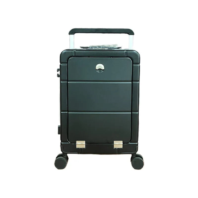 20-inch front opening suitcase showing dry-wet separation compartments in ABS PC material with universal wheels