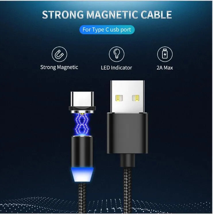 Black magnetic LED charging cable with cotton braiding and aluminium connector showing LED light