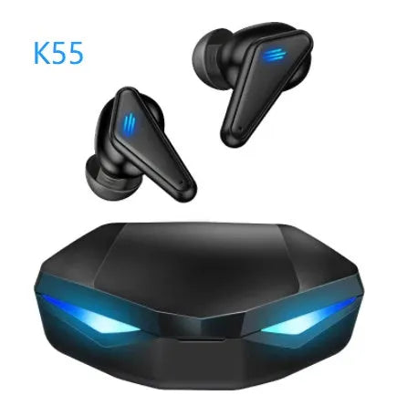 Blue K55 wireless Bluetooth gaming headset showing TWS earbuds with low latency for mobile gaming.
