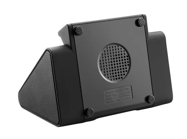 Mobile phone stand speaker in black with phone resting on stand showing speaker grille
