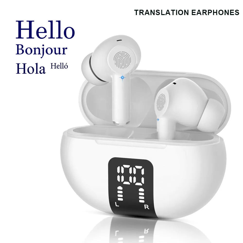 M10 TWS wireless Bluetooth translation earbuds in black and white, touch controls, 6.2x2.4cm ABS build