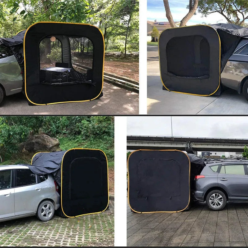 Black pop-up car tail tent with quick-throw design and steel jackstays showing 200cm cube dimensions