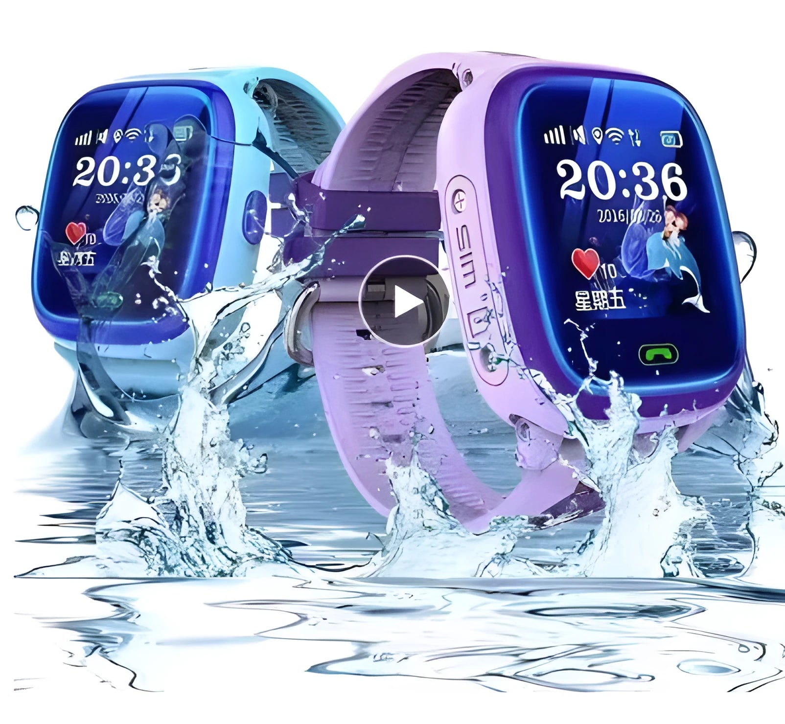 Children waterproof smart watch with touch screen and silicone band in blue or purple showing rescue call feature
