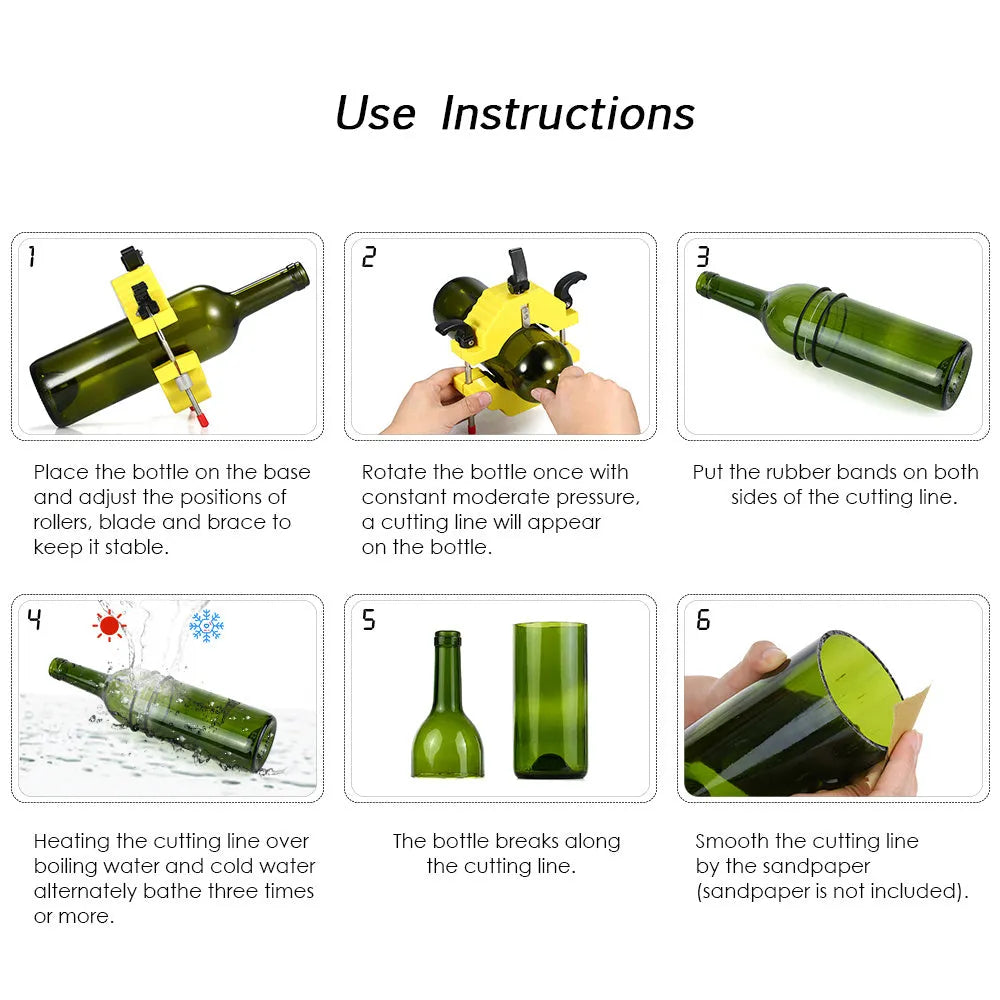 Adjustable glass bottle cutter tool in yellow with stainless steel blade for DIY craft projects