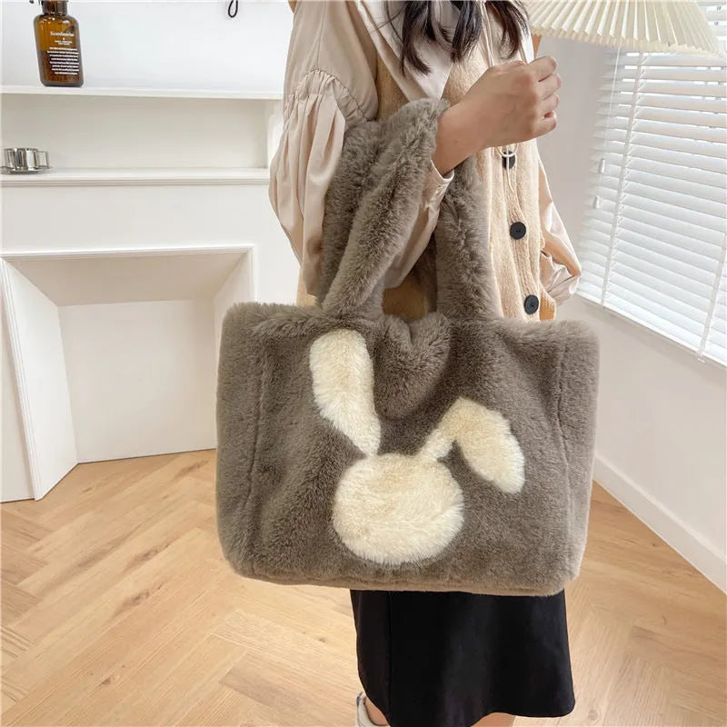 Plush cartoon rabbit ears shoulder bag in solid colour with large capacity
