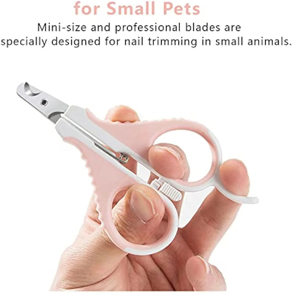 Grey and pink angled cat nail clippers with safety guard for small pets