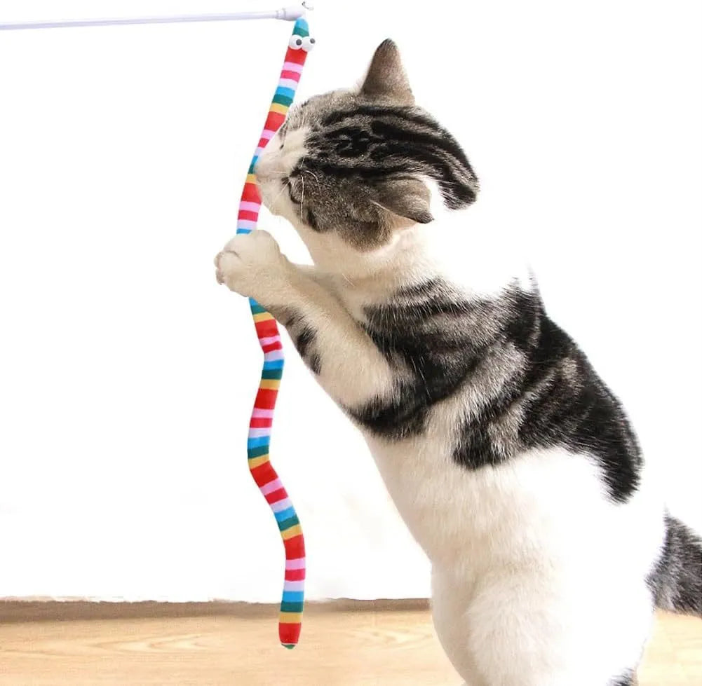 Cat teaser wand with colourful plush strip and bell on a polycarbonate pole.