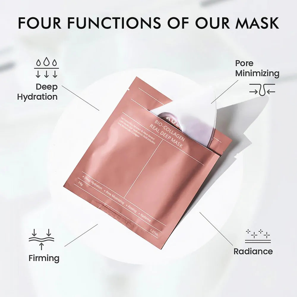 KOEC Collagen Mask set with transparent BIO-COLLAGEN gel masks and peptide essence in 30ml bottle