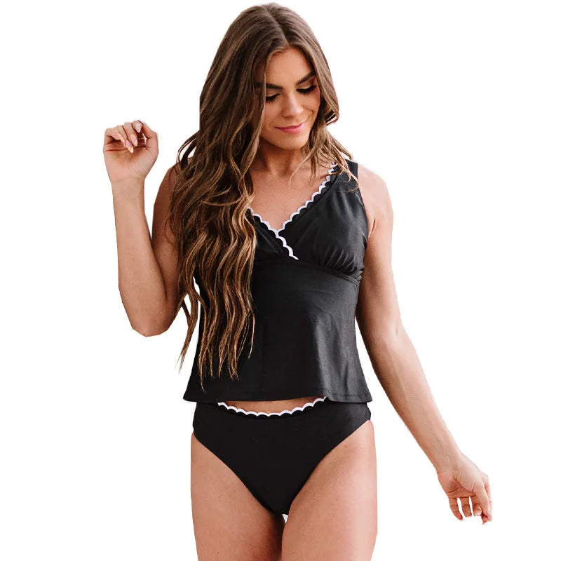 Solid black women's sleeveless swimsuit bikini set on size chart