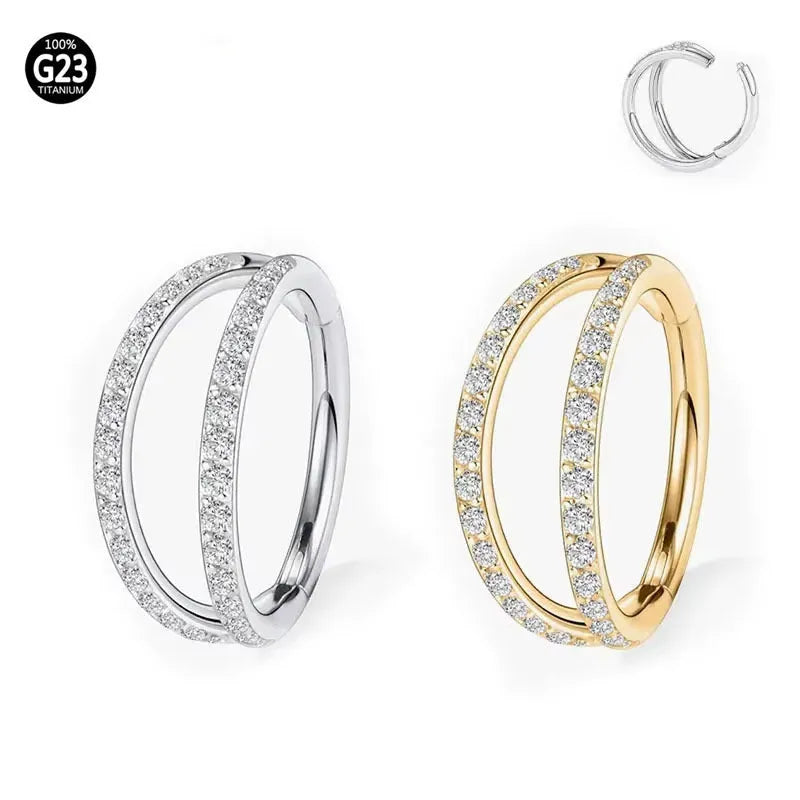 G23 titanium alloy lip and nose ring piercing jewellery in gold or steel colour, showing puncture-style design.