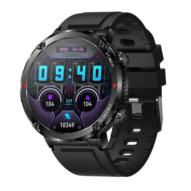 T30 smart watch with black silicone strap showing 52mm touch screen displaying heart rate and call interface