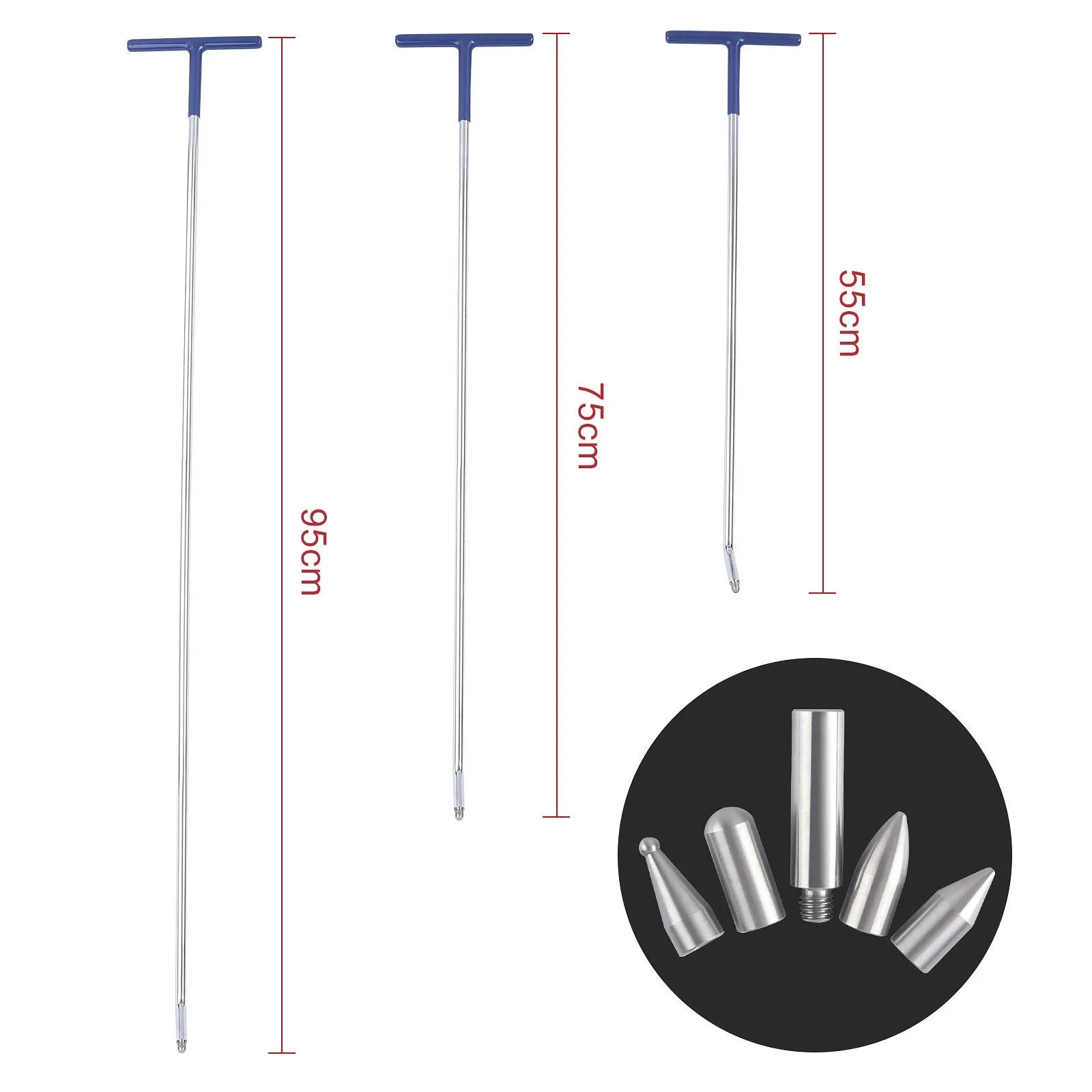 Three alloy steel hook crowbars for car dent repair arranged as a set