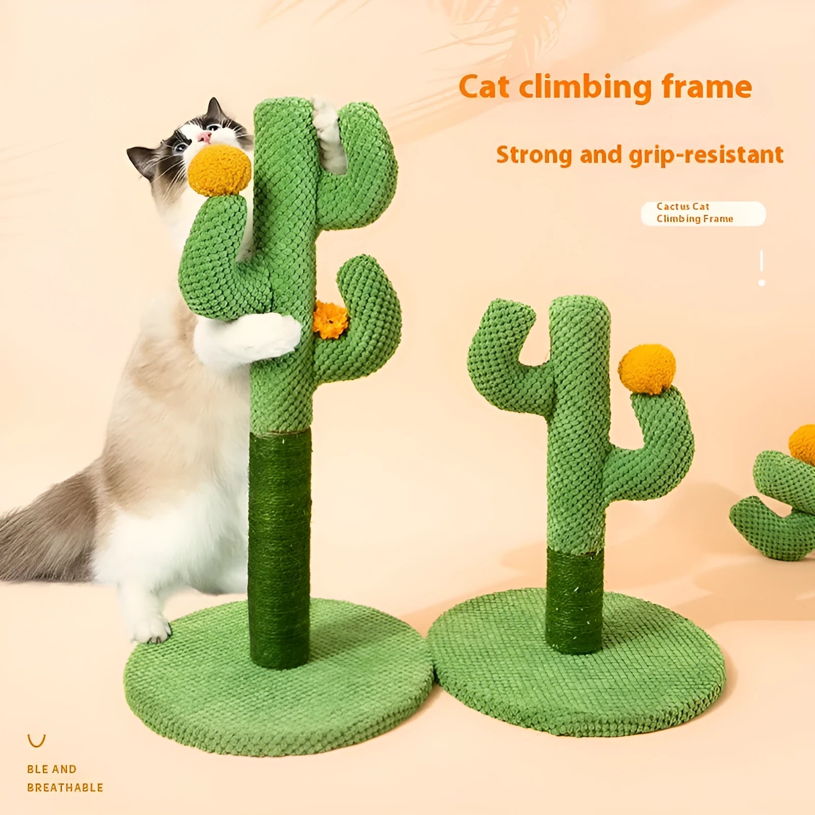 Cactus-shaped cat scratching post and climbing frame with sisal scratching surface.
