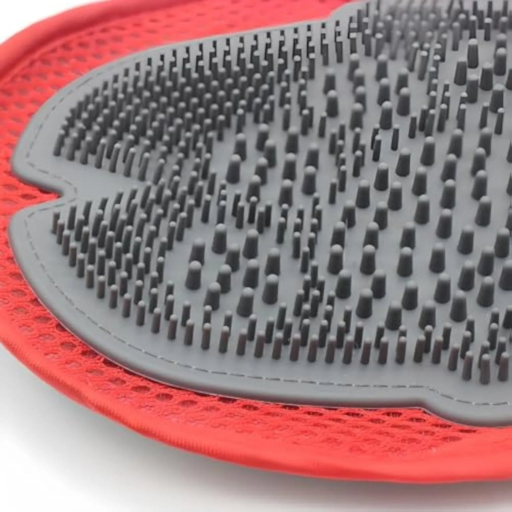 Red pet bathing glove with integrated brush bristles for washing and grooming dogs or cats