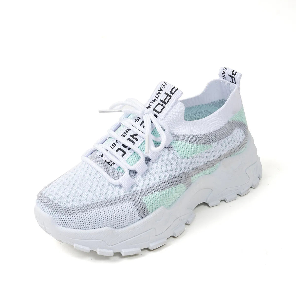 Women's low heel Flyknit mesh sneakers in a grey colour scheme with lace-up front.