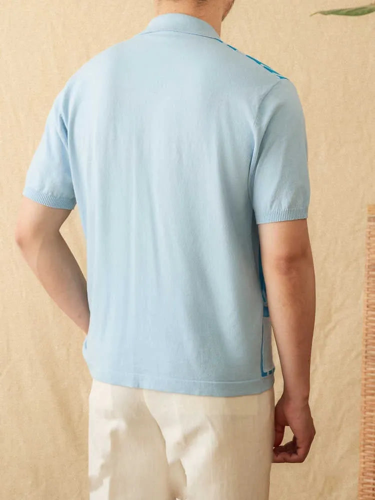 Men's striped short-sleeved polo cardigan knitted shirt with lapel collar in three colour options