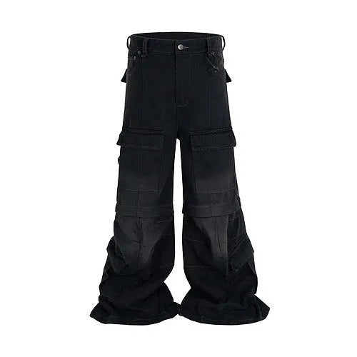 Washed-out cotton detachable overalls with multiple pockets in blue colour