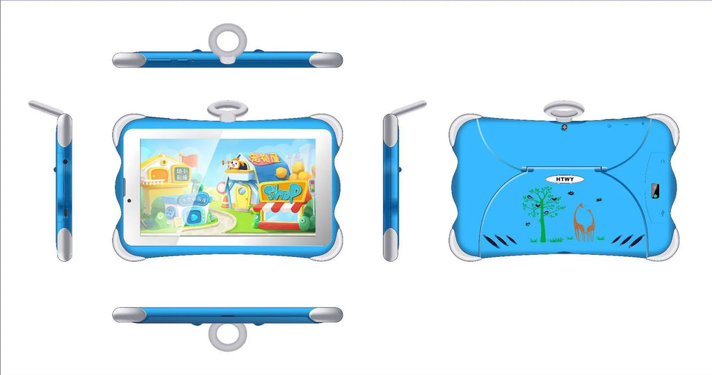 7-inch children's learning tablet in cartoon colours with stand, showing 3G calling and Bluetooth features