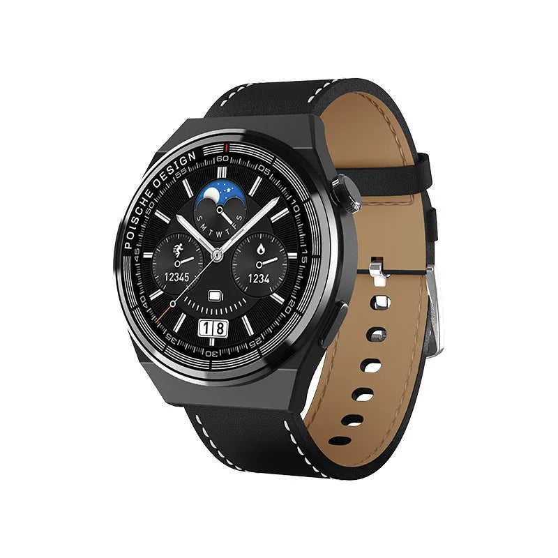 Black smartwatch with circular 1.39 inch screen showing interface, on a silicone strap.