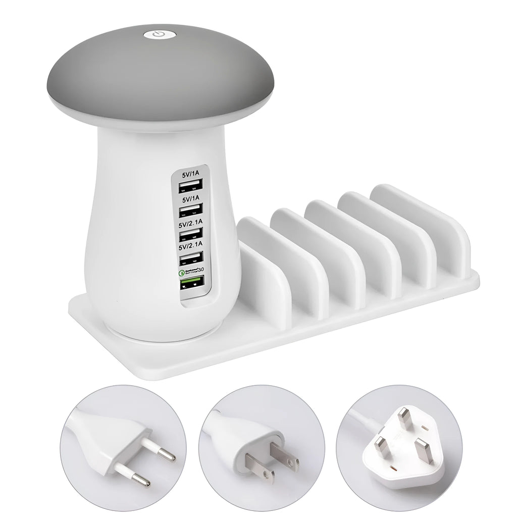 White mushroom-shaped LED desk lamp with 5 USB charging ports on a wooden desk