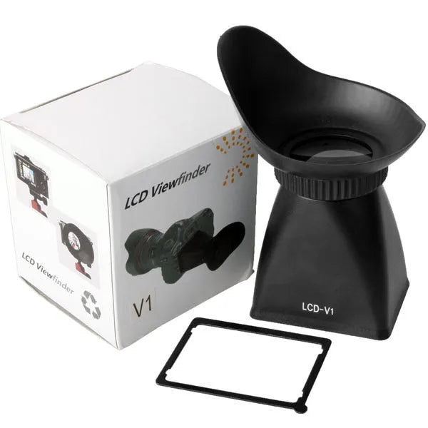 Black camera LCD viewfinder amplifier with magnification lens for DSLR and mirrorless cameras