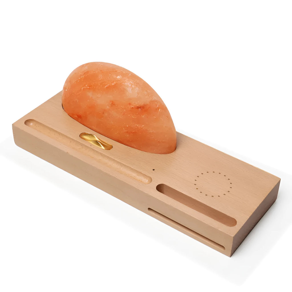 Sunrise Oriental wooden base table lamp with natural salt shade and built-in wireless phone charger.